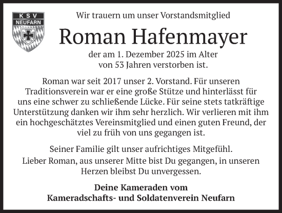 Traueranzeige von Roman Hafenmayer von merkurtz