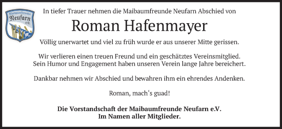 Traueranzeige von Roman Hafenmayer von merkurtz