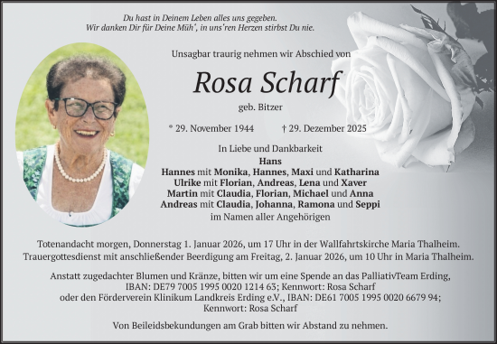 Traueranzeige von Rosa Scharf von merkurtz