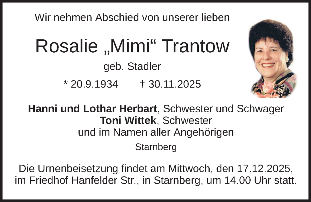  Traueranzeige für Rosalie Trantow vom 13.12.2025 aus merkurtz