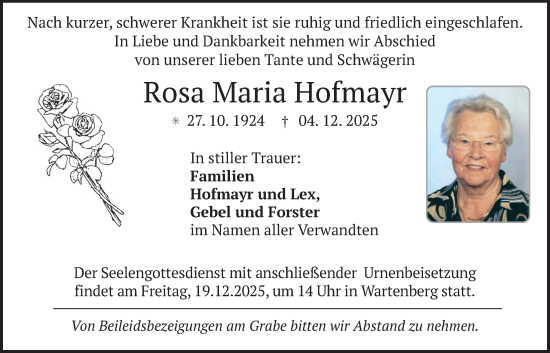 Traueranzeige von Rosa Maria Hofmayr von merkurtz