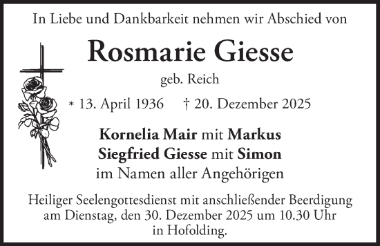 Traueranzeige von Rosmarie Giesse von merkurtz