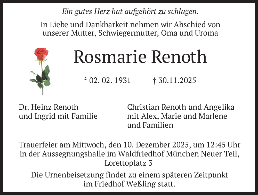  Traueranzeige für Rosmarie Renoth vom 09.12.2025 aus merkurtz