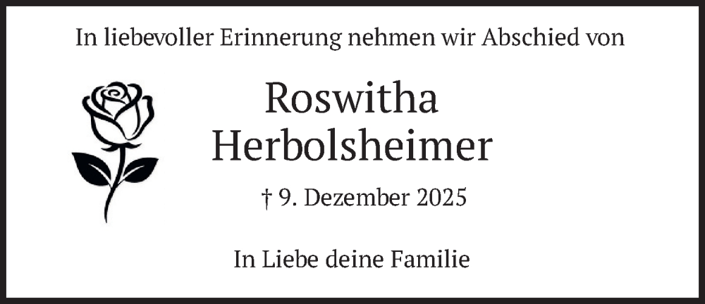  Traueranzeige für Roswitha Herbolsheimer vom 27.12.2025 aus merkurtz