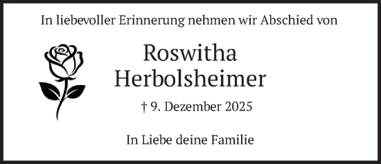 Traueranzeige von Roswitha Herbolsheimer von merkurtz