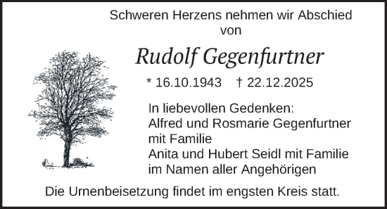 Traueranzeige von Rudolf Gegenfurtner von merkurtz
