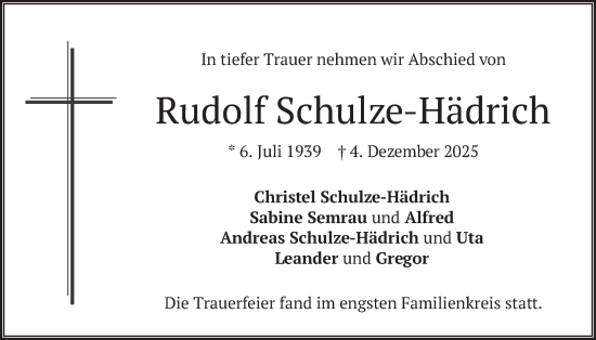Traueranzeige von Rudolf Schulze-Hädrich von merkurtz