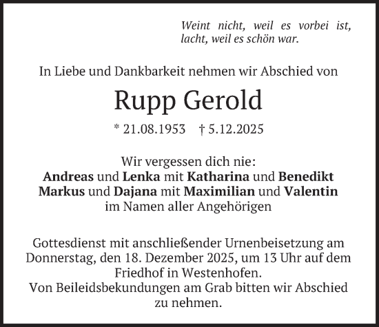 Traueranzeige von Rupp Gerold von merkurtz