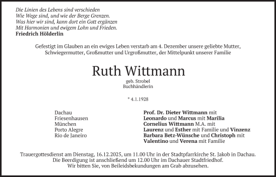 Traueranzeige von Ruth Wittmann von merkurtz