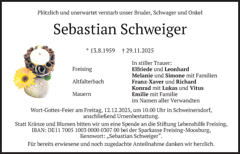  Traueranzeige für Sebastian Schweiger vom 09.12.2025 aus merkurtz