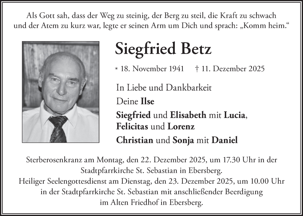  Traueranzeige für Siegfried Betz vom 17.12.2025 aus merkurtz