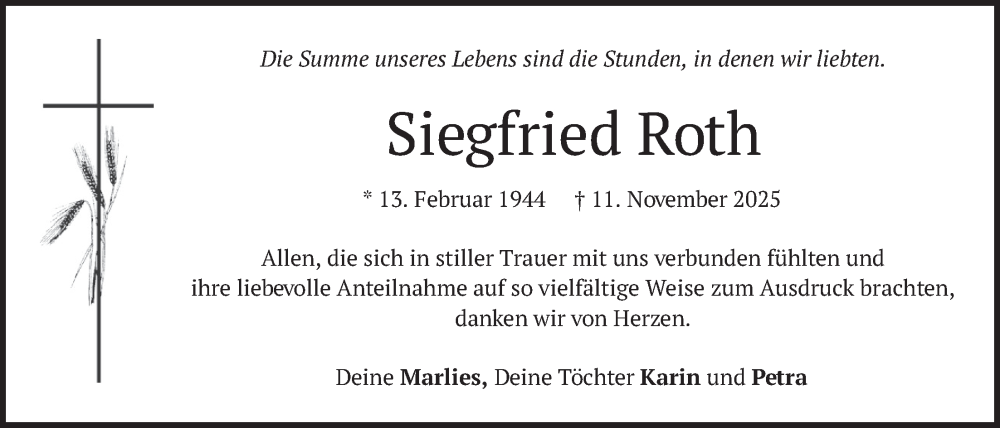  Traueranzeige für Siegfried Roth vom 27.12.2025 aus merkurtz