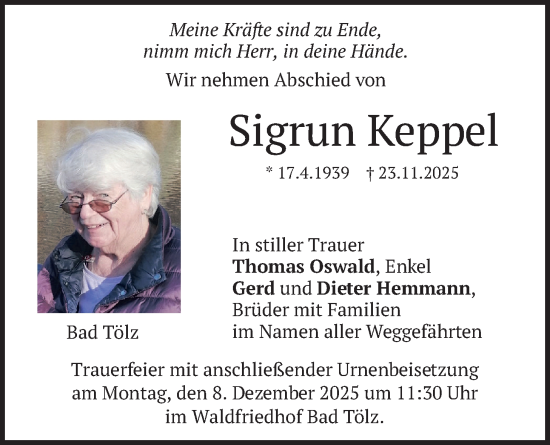 Traueranzeige von Sigrun Keppel von merkurtz