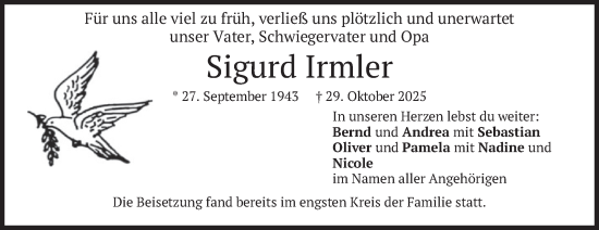 Traueranzeige von Sigurd Irmler von merkurtz