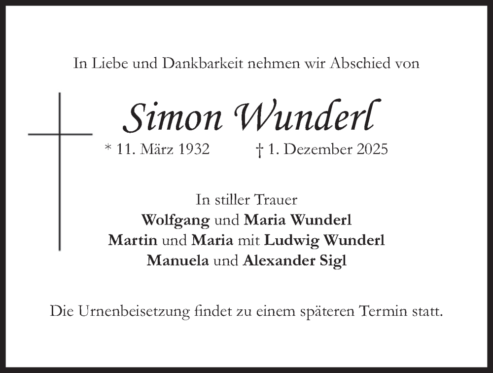  Traueranzeige für Simon Wunderl vom 13.12.2025 aus merkurtz