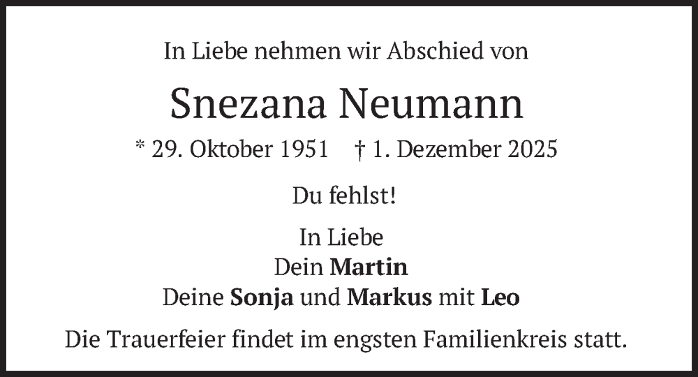  Traueranzeige für Snezana Neumann vom 06.12.2025 aus merkurtz