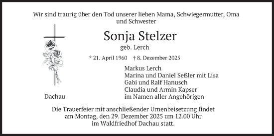 Traueranzeige von Sonja Stelzer von merkurtz