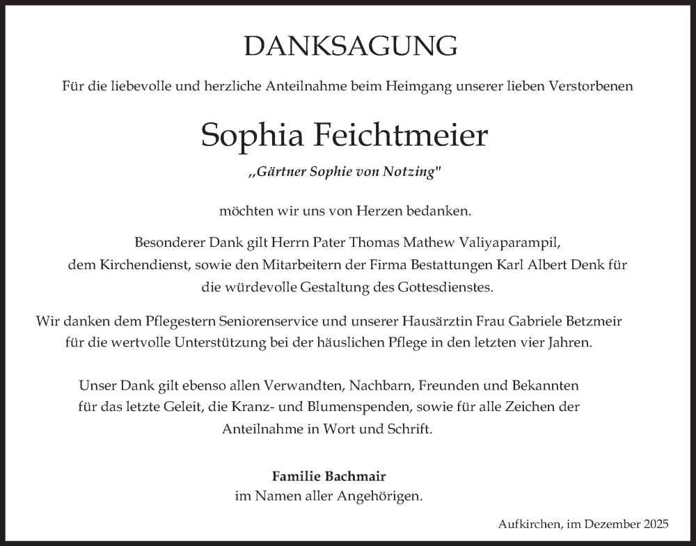  Traueranzeige für Sophia Feichtmeier vom 20.12.2025 aus merkurtz
