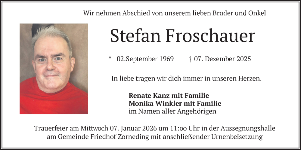  Traueranzeige für Stefan Froschauer vom 19.12.2025 aus merkurtz