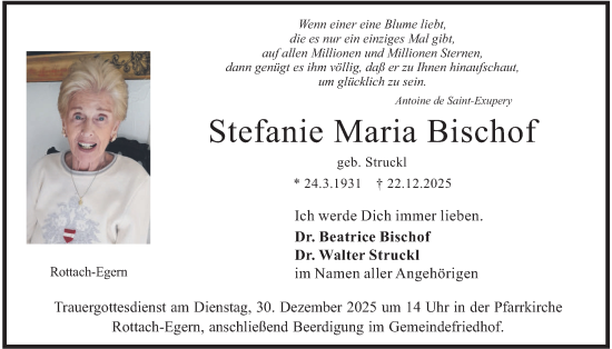 Traueranzeige von Stefanie Maria Bischof von merkurtz