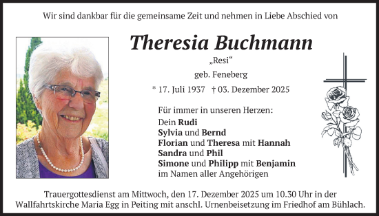 Traueranzeige von Theresia Buchmann von merkurtz