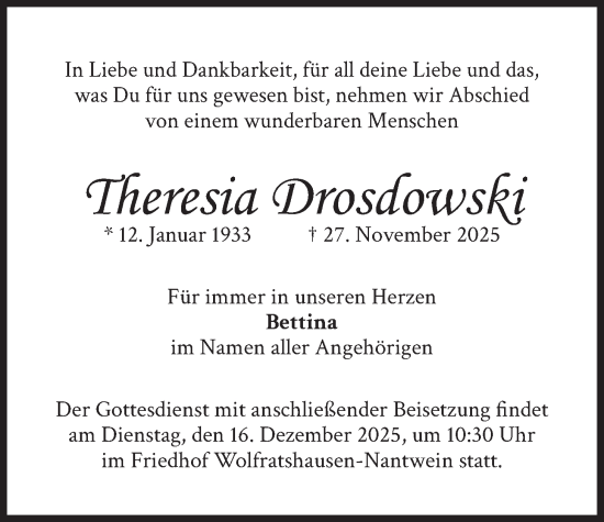 Traueranzeige von Theresia Drosdowski von merkurtz