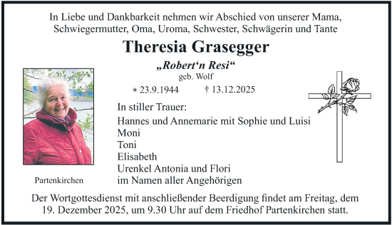 Traueranzeige von Theresia Grasegger von merkurtz