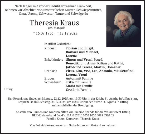 Traueranzeige von Theresia Kraus von merkurtz