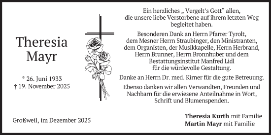 Traueranzeige von Theresia Mayr von merkurtz