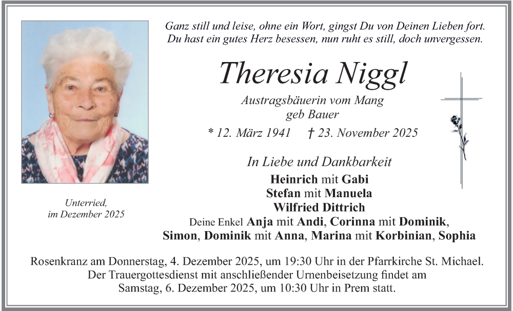  Traueranzeige für Theresia Niggl vom 01.12.2025 aus merkurtz