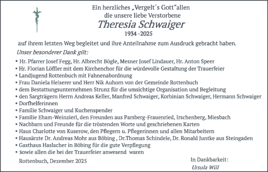 Traueranzeige von Theresia Schwaiger von merkurtz