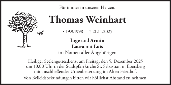 Traueranzeige von Thomas Weinhart von merkurtz
