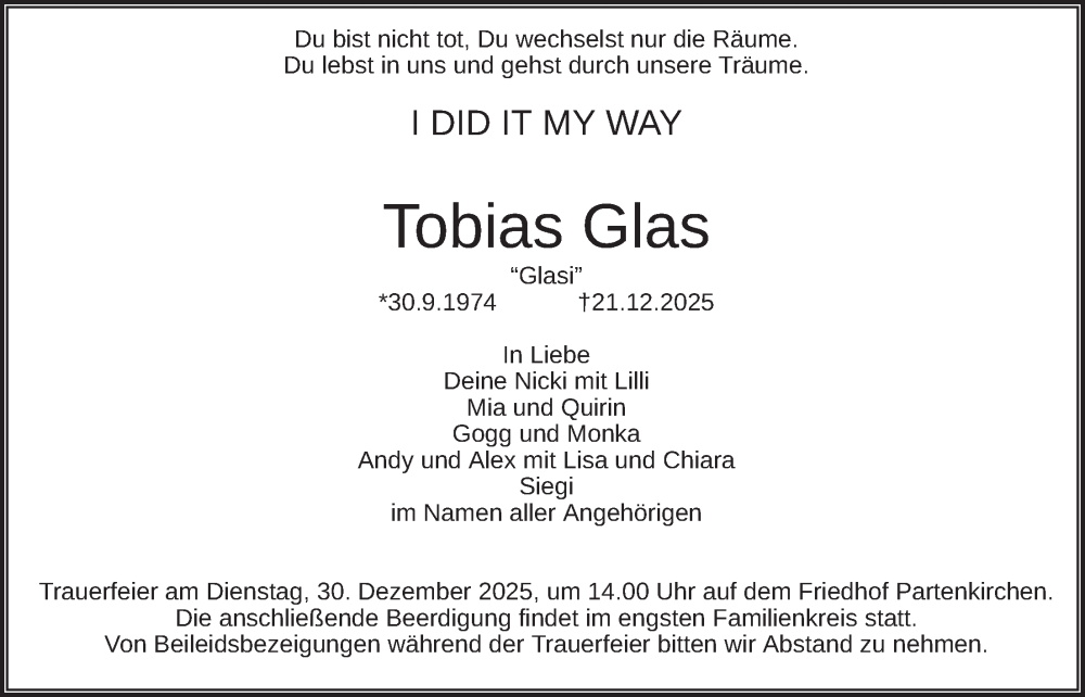  Traueranzeige für Tobias Glas vom 27.12.2025 aus merkurtz