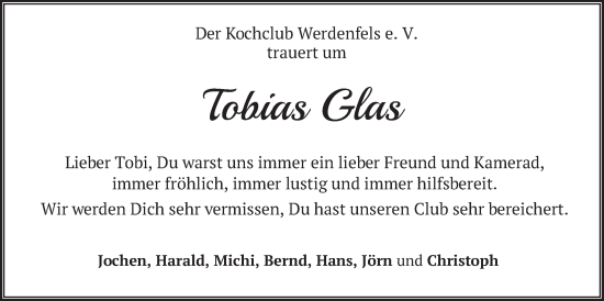 Traueranzeige von Tobias Glas von merkurtz