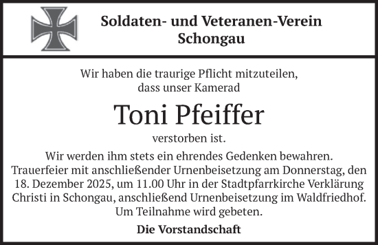 Traueranzeige von Toni Pfeiffer von merkurtz