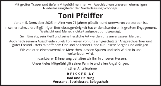 Traueranzeige von Toni Pfeiffer von merkurtz