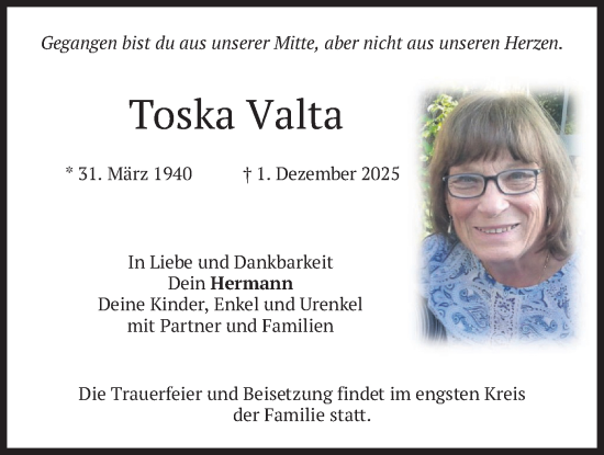 Traueranzeige von Toska Valta von merkurtz