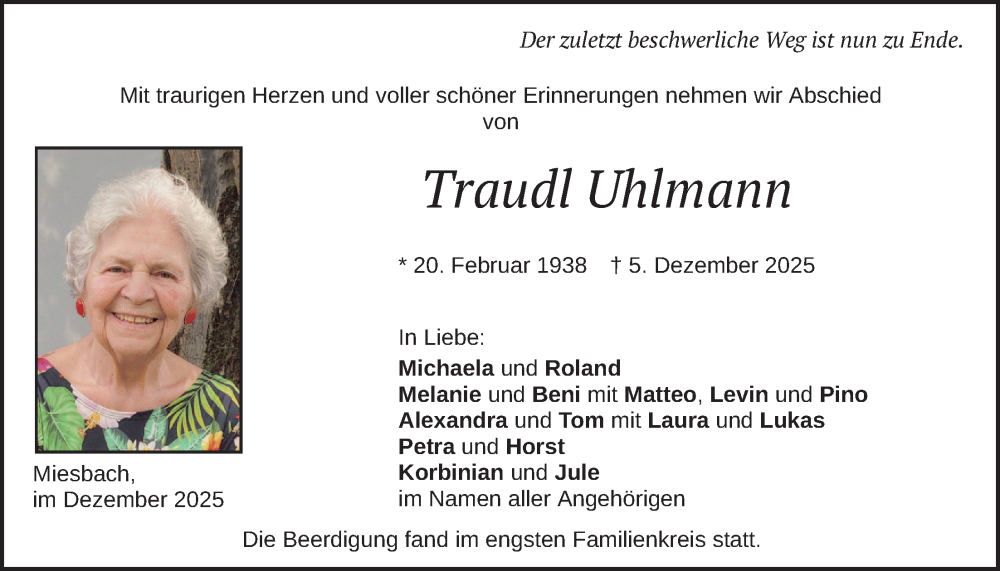  Traueranzeige für Traudl Uhlmann vom 13.12.2025 aus merkurtz