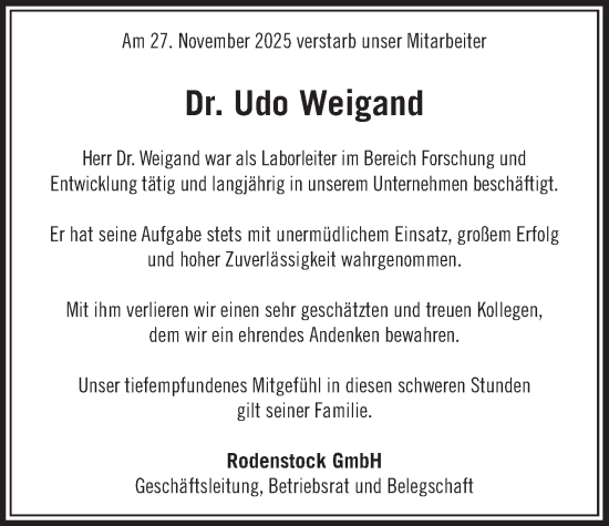 Traueranzeige von Udo Weigand von merkurtz