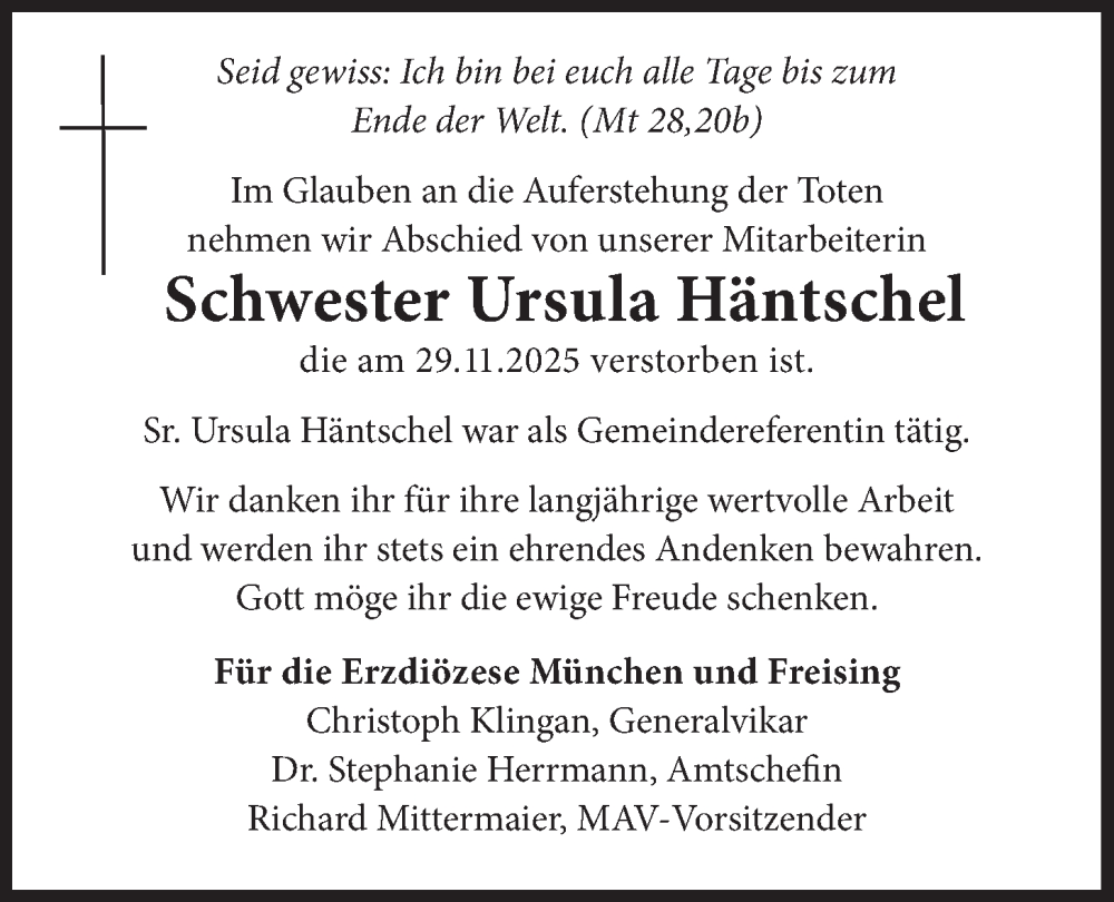  Traueranzeige für Ursula Häntschel vom 11.12.2025 aus merkurtz