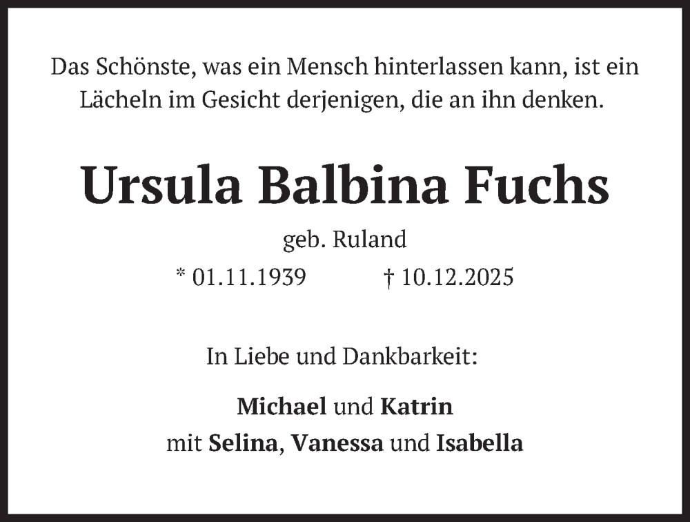  Traueranzeige für Ursula Balbina Fuchs vom 20.12.2025 aus merkurtz