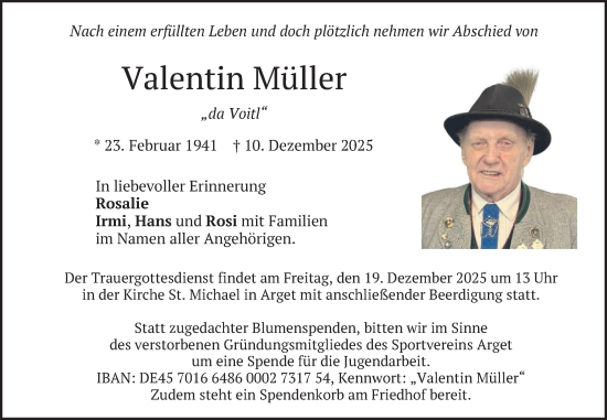 Traueranzeige von Valentin Müller von merkurtz