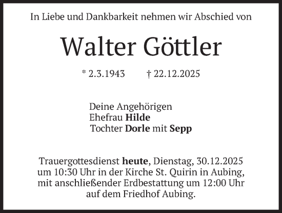 Traueranzeige von Walter Göttler von merkurtz