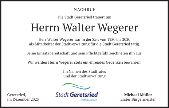 Traueranzeige von Walter Wegerer von merkurtz