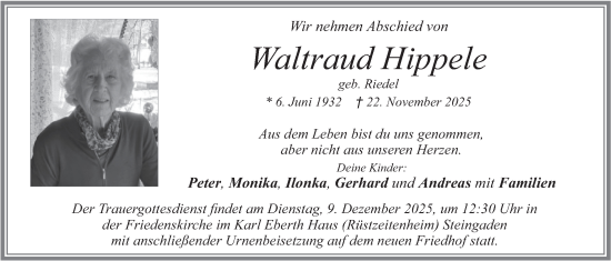 Traueranzeige von Waltraud Hippele von merkurtz