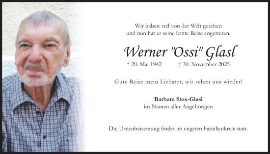 Traueranzeige von Werner Glasl von merkurtz
