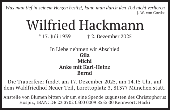 Traueranzeige von Wilfried Hackmann von merkurtz