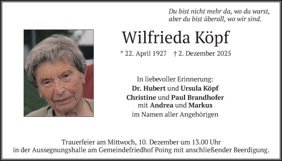 Traueranzeige von Wilfrieda Köpf von merkurtz
