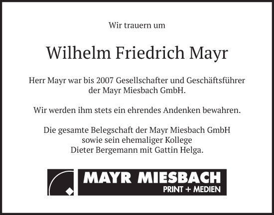 Traueranzeige von Wilhelm Friedrich Mayr von merkurtz