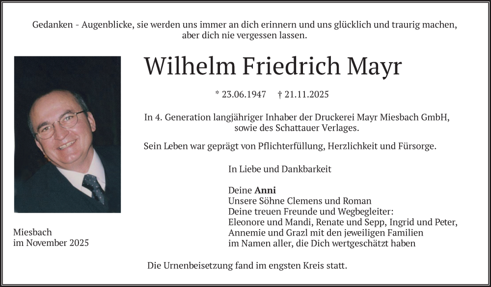  Traueranzeige für Wilhelm Friedrich Mayr vom 06.12.2025 aus merkurtz